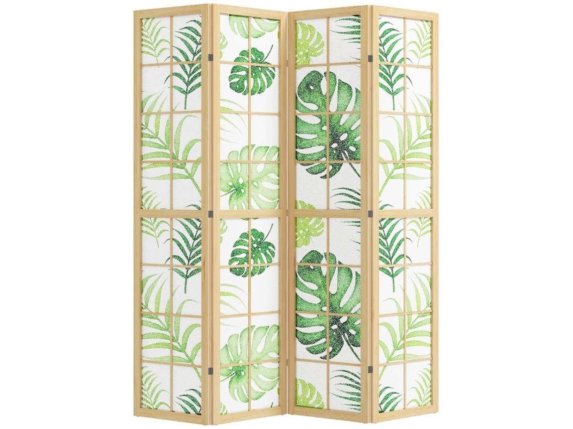 Paravente 4 Piezas Diseño Boho Motivo Tropical Madera Verde Plegable