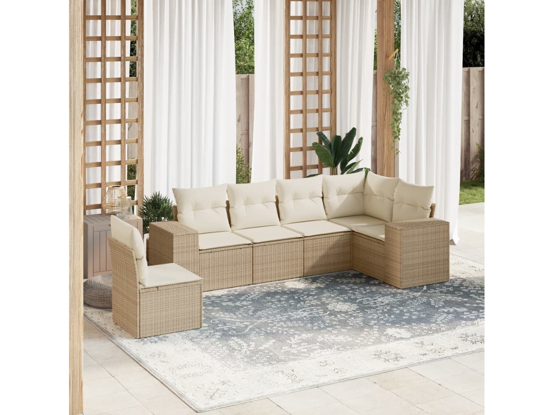Conjunto de sofá de jardín de 6 piezas con cojines, mimbre sintético beige, Dkd Home Decor