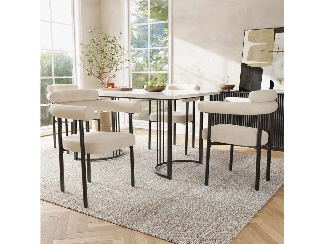Conjunto De Mesa De Comedor 5 Piezas Con Patas Metálicas De Diseño Y 4 Sillas De Antelina Crema, Ideal Para Restaurante