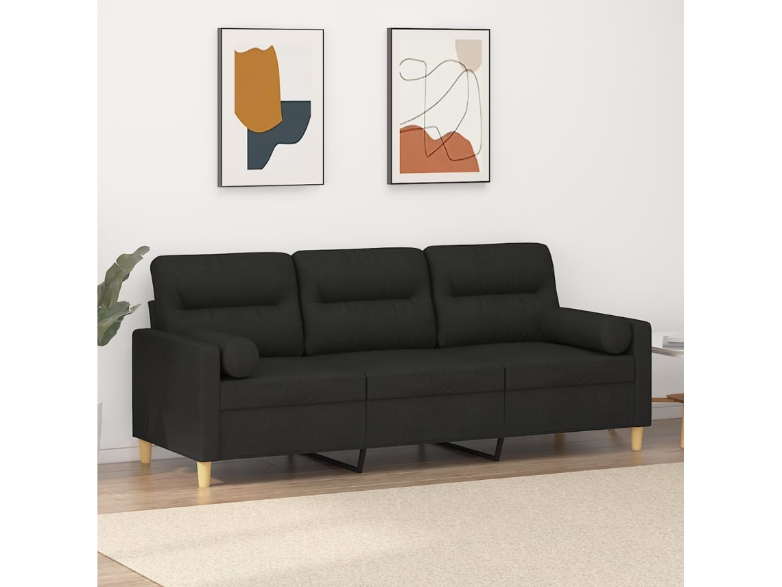 Sofá De 3 Plazas | Sofá De Salón | Sofá De Descanso Con Cojines Tela Negro 180 Cm
