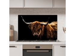 Panel de pared para cocina Scottish Highlander - Cuernos - Negro - Animales - Naturaleza - Salvaje - Vaca 80x55 cm