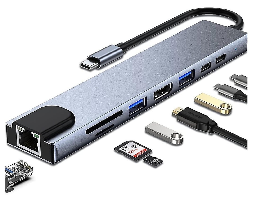 Concentrador USB C 8 en 1 4K HDMI USB C USB A 3.0 RJ45 Ethernet LAN Reproducción de tarjetas SD/TF Concentrador multipuerto Carga para MacBook USHION