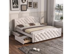 Cama Tapizada De 140x200 Mm Con Somier De Láminas, 2 Cajones Y Cabecero Remachado De Poliuretano Blanco.