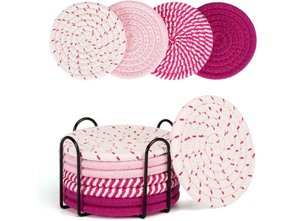 Juego de 8 manteles individuales de algodón absorbente rosa con soporte, 11 cm, Dureforward