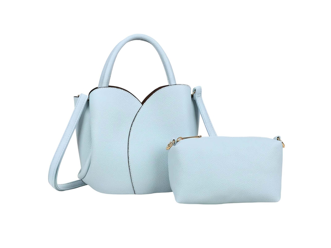 Bolso de mano para mujer Gallantry, colección Petalia, con neceser a juego y correa azul claro.