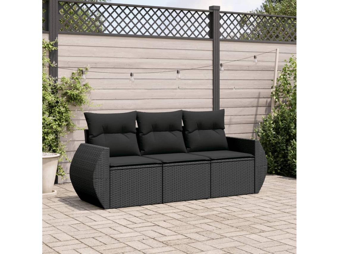 3 Pcs Conjunto Sofás De Jardím Com Almofadões Vime Pe Preto Dkd Home Decor