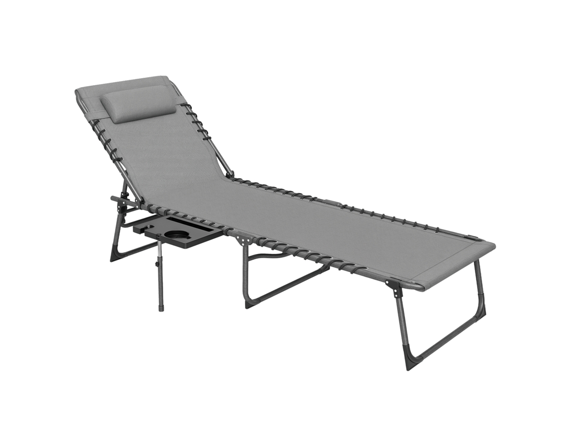 Espreguiçadeira Dobrável Encosto Ajustável Apoio Cabeça Bolso Bandeja Aço 190x60x31cm Cinza