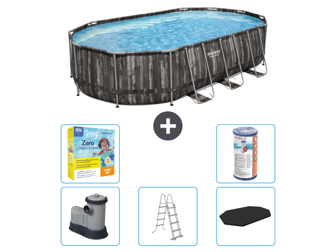 Piscina BESTWAY Oval Power Steel - 610 x 366 x 122 - Gris - Incluye bomba - Escalera - Cobertor Paquete de mantenimiento - Filtrar