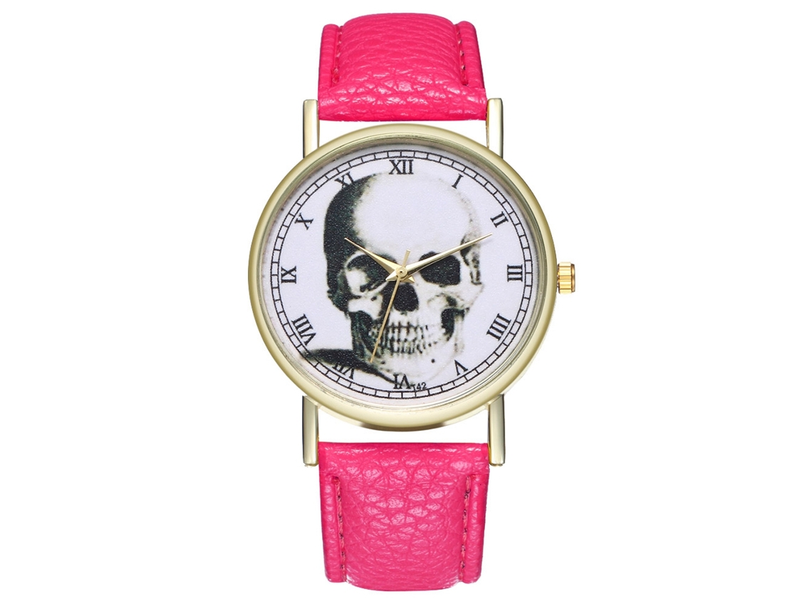 Reloj De Muñeca Casual Con Calavera Y Números Romanos Correa De Cuero Pu Rojo Rosa