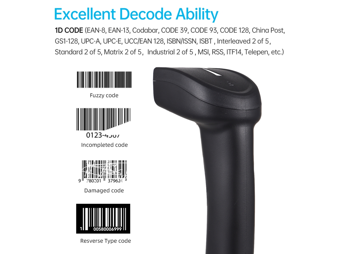 Escáner De Código De Barras 1d Usb Inalámbrico Bt Ccd Manual Para Supermercados, Tiendas, Bibliotecas, Logística, Almacenes, Aduanas, Windows, Android, Mac