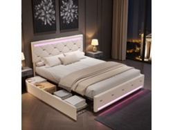 Cama Doble De Matrimonio Moderna 140x190 Cm Con Almacenamiento, 4 Cajones, Luces Led Rgb Y Usb, Terciopelo Beige, Cama Con Cajones Adultos