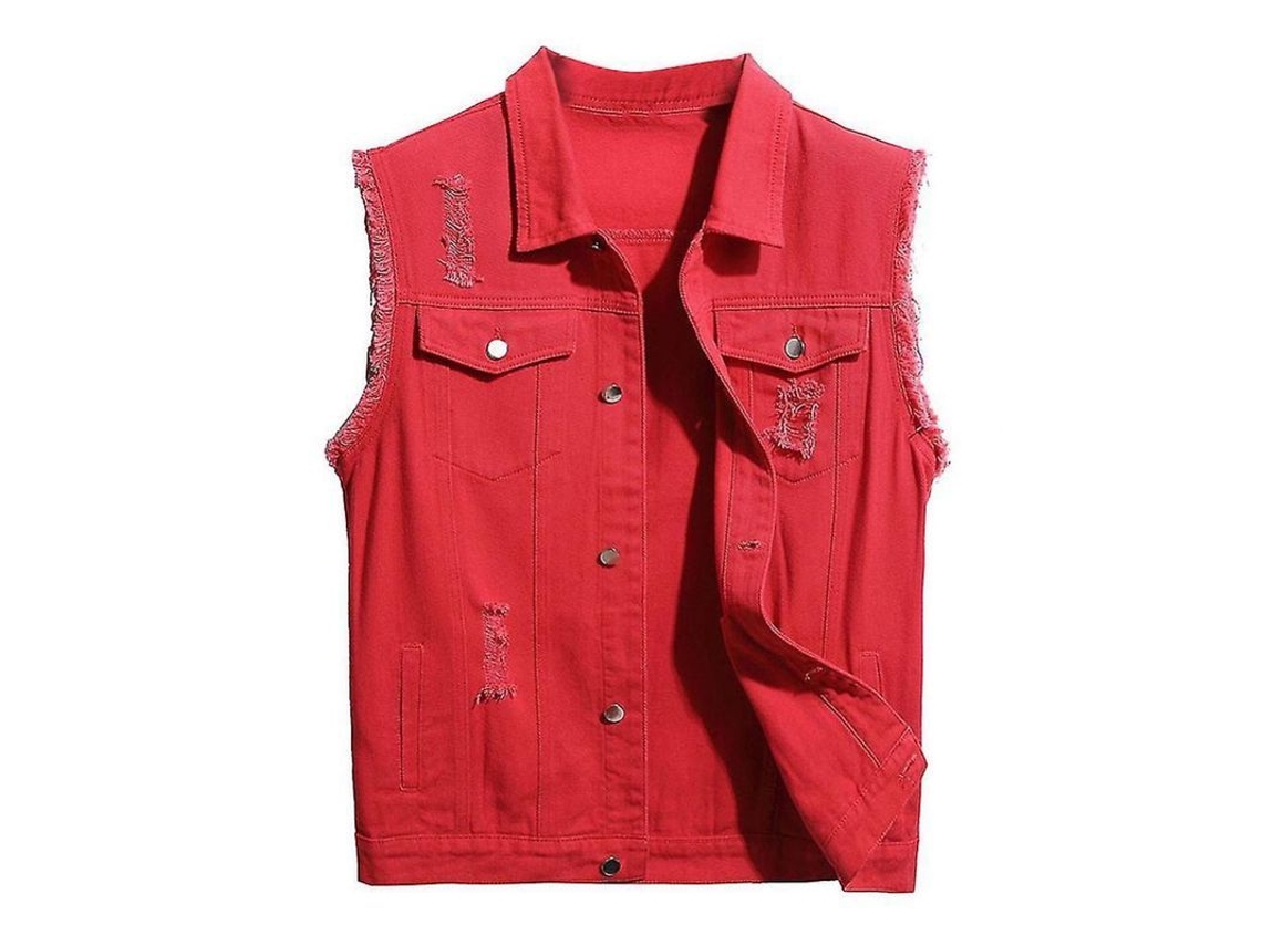 2026-chaleco Vaquero Casual Para Hombres Con Rasgaduras Clásico Camionero Sin Mangas Botones Talla S-xl M Rojo