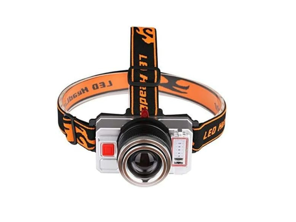 Linterna frontal LED recargable con zoom, resistente al agua, para pesca, camping, color negro.