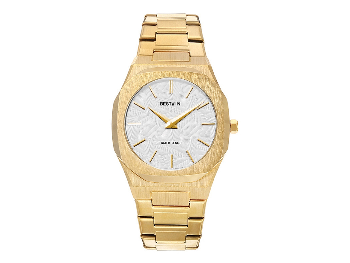 Reloj de cuarzo para hombre con hojas en relieve MDUG (dorado y blanco)