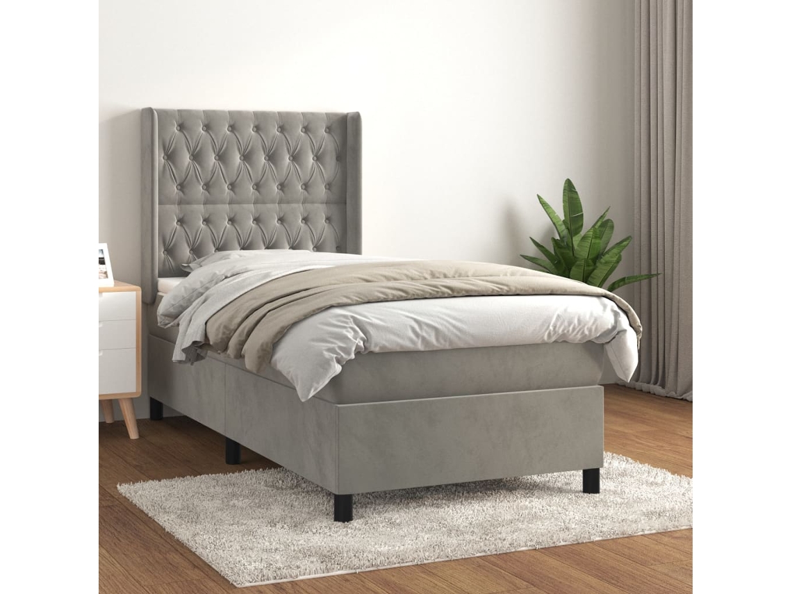 Cama Box Spring Con Colchón Terciopelo Gris Claro 90x190 Cm