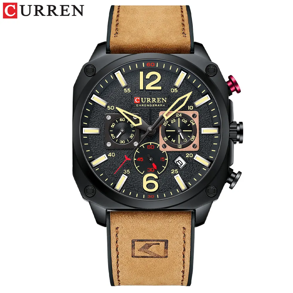 Reloj deportivo de cuero genuino para hombre (marrón), reloj de pulsera militar para hombre, cronógrafo