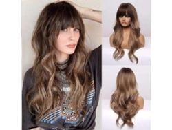 Peluca ombré con flequillo, rubia oscura, peluca larga ondulada, pelucas TAISHENGDA
