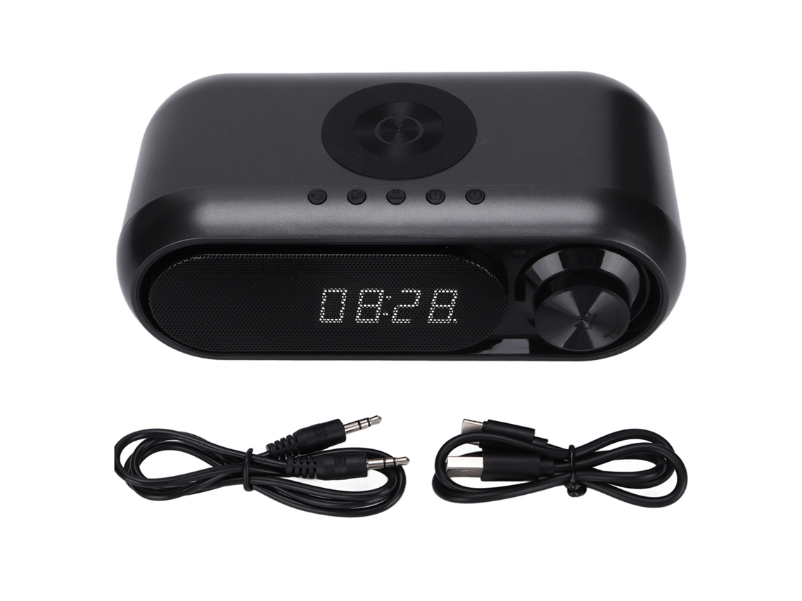 Alto-falante Bluetooth Com Subwoofer Carregador Sem Fio Relógio Despertador Led Fm Para Casa