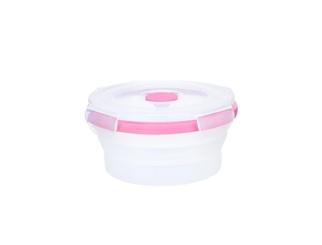 Recipiente plegable de silicona redondo Fiambrera portátil Caja fresca sellada Tazón de fideos instantáneos de viaje Fiambrera para microondas Rosa