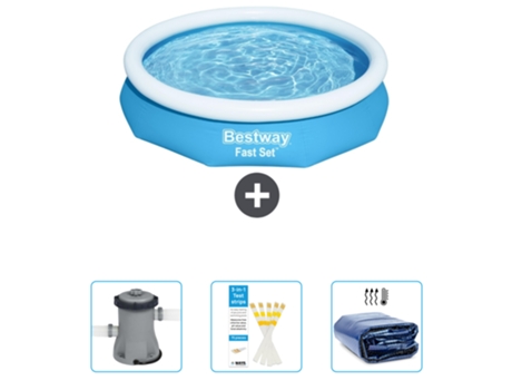 Piscina Hinchable Redonda Fast Set BESTWAY - 305 x 66 cm - Azul - Incluida Bomba - Tiras de prueba - Vela solar