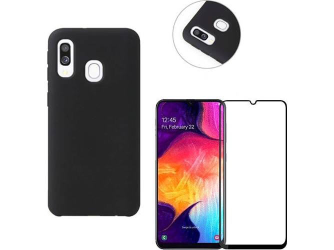 Kit Carcasa y Protector de Cristal 5D Full Cover Samsung Galaxy A40 Silicona Negro