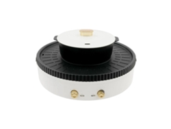 Parrilla eléctrica con bandeja calefactora, diseño desmontable, control de temperatura ajustable, color blanco.
