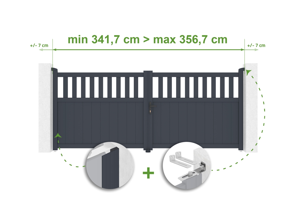 Puerta batiente ajustable, 3,4 m de ancho, 140 cm de alto, aluminio gris, Casanoov