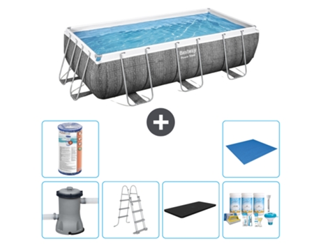 Piscina BESTWAY Rectangular Power Steel - Estampado Ratán - 404 x 201 x 100 - Incluida Bomba - Escalera Accesorios CB21