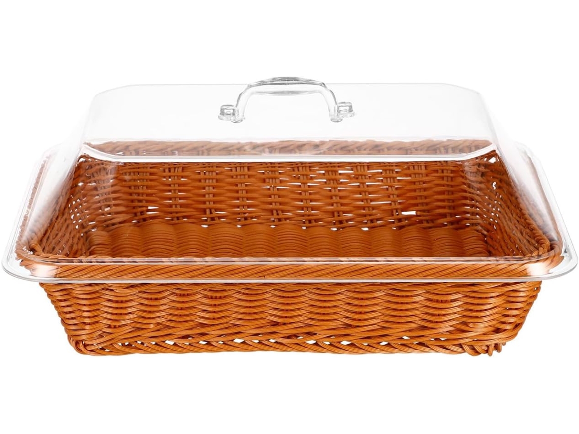 Cesta De Pan Tejida Marrón Con Tapa Transparente, 35x25x15 Cm, Hecha De Ratán.