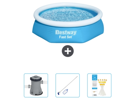 Piscina Hinchable Redonda Fast Set BESTWAY - 244 x 61 cm - Azul - Incluida Bomba - kit de limpieza - Tiras de prueba