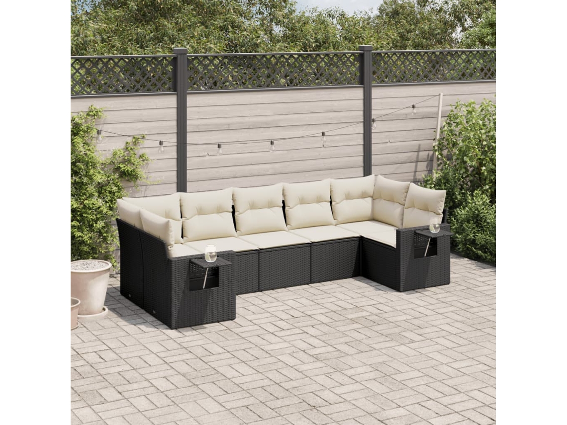 Conjunto de sofá de jardín de 7 piezas con cojines, ratán negro, Dkd Home Decor