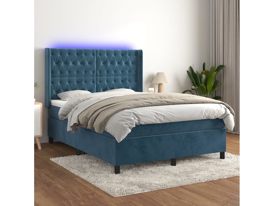 Cama Box Spring Colchón Y Led Terciopelo Azul Oscuro 140x190 Cm