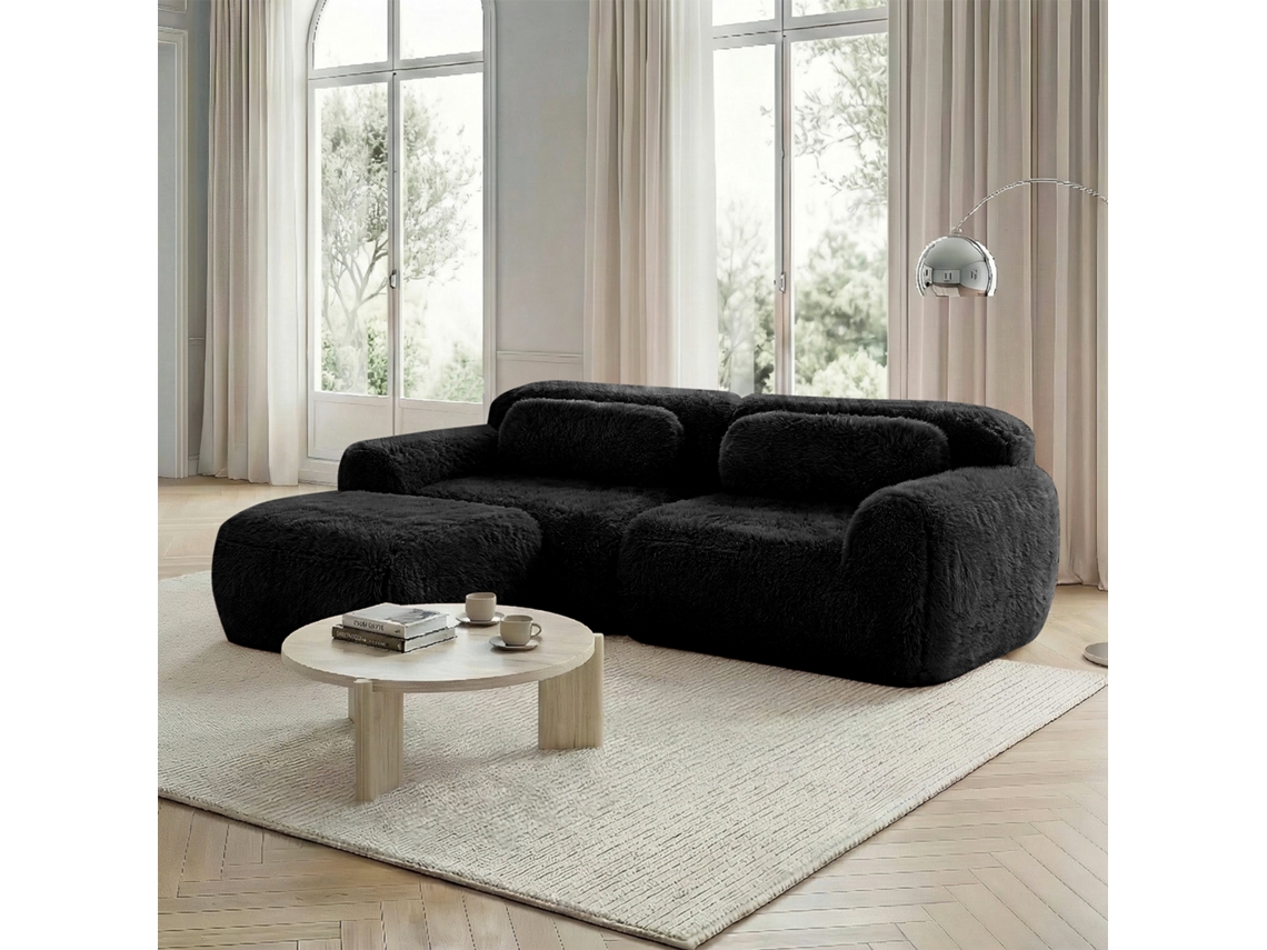 Sofá Modular L - 2 Plazas, Suave Felpa, Combinable, Con Cojines - Negro