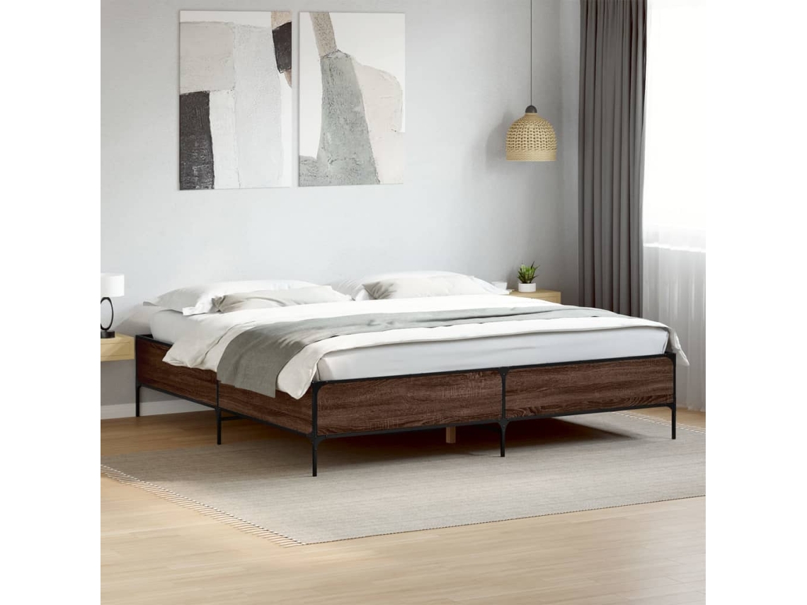 Estructura Cama Madera Ingeniería Metal Marrón Roble 180x200 Cm