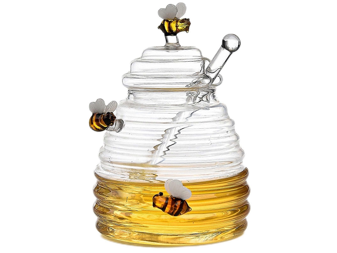 Tarro de miel de cristal con cuchara y tapa, dispensador de miel de borosilicato transparente para uso en la cocina.