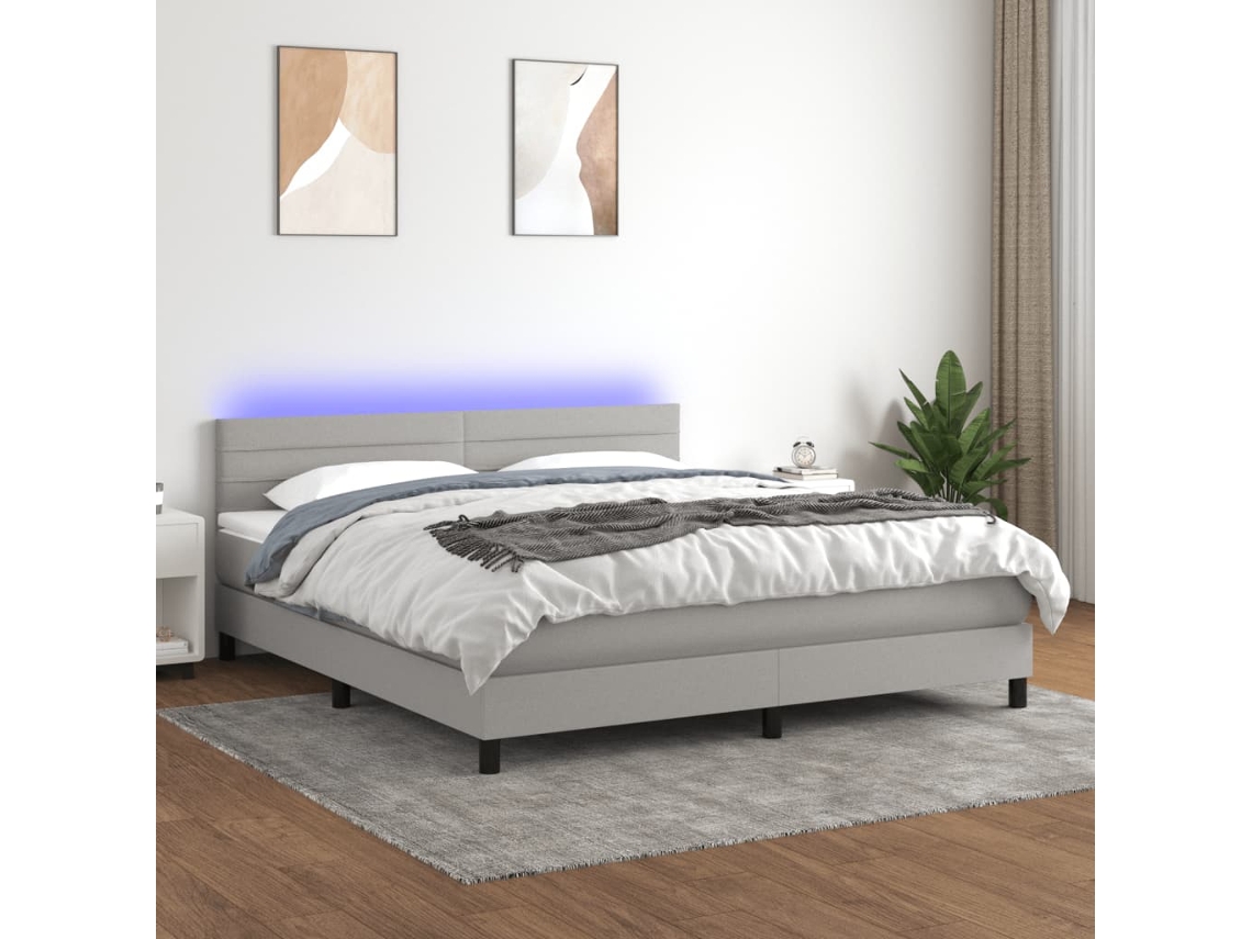 Cama Box Spring Colchón Y Luces Led Tela Gris Claro 180x200 Cm