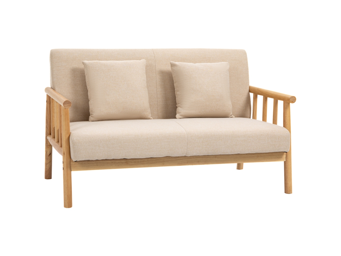 Sofá 2 Plazas Con Cojines Lumbares, Tapizado Y Estructura De Madera, Beige