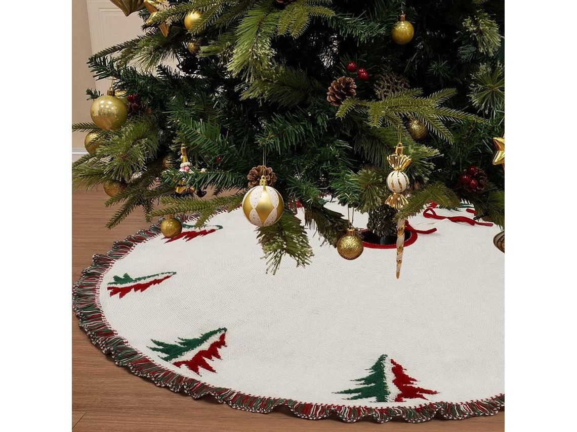 Falda Grande Para Árbol De Navidad De Lana Tejida En 3d De 122 Cm De Grosor Con Borla De Ganchillo Blanca Para Decoración.