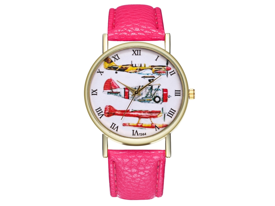 Elegante Reloj De Pulsera De Cuarzo Con Correa De Cuero Rosa Luminiscente.