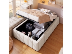 Cama tapizada de 90 x 200 cm con canapé hidráulico, sin cabecero, sin colchón, estilo beige