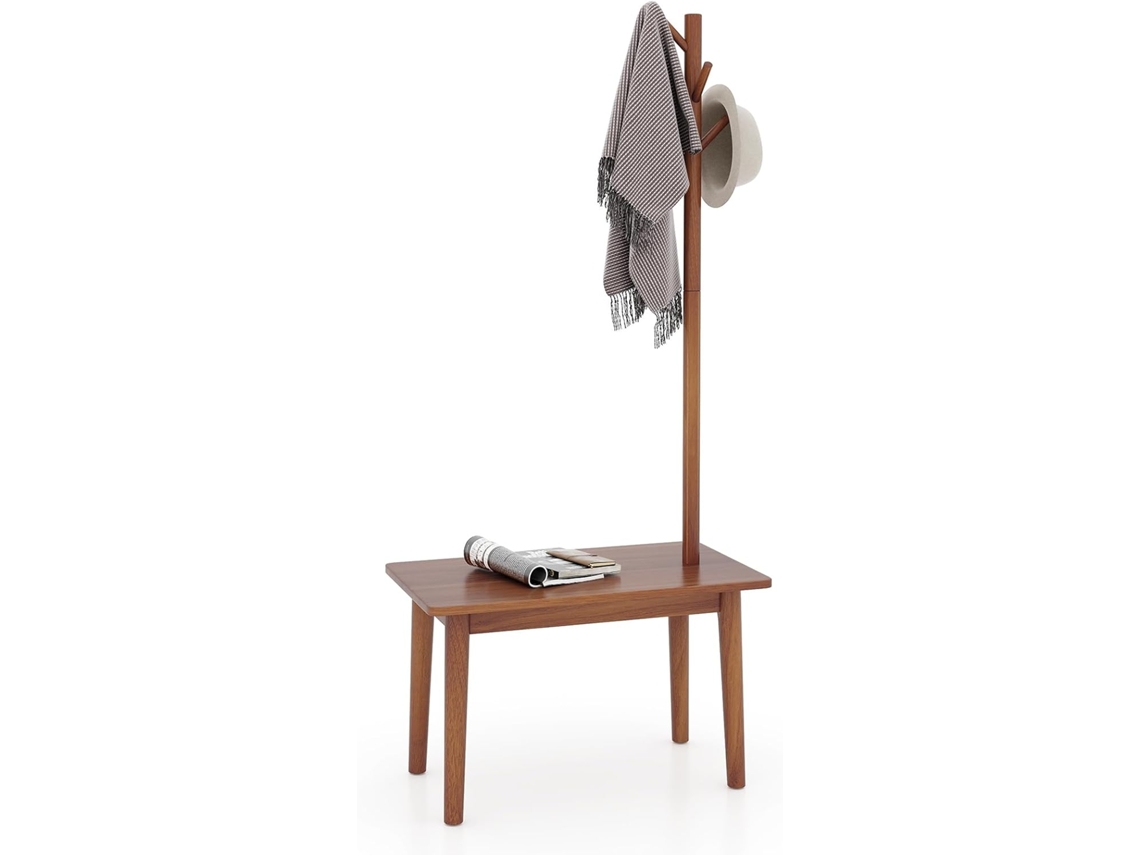 3 en 1 Perchero de Pie y Mesa Auxiliar, Perchero de Madera Maciza con 4 Ganchos para Sombreros, Bolsos y Abrigos, Perchero Con Banco (Marrón) COSTWAY