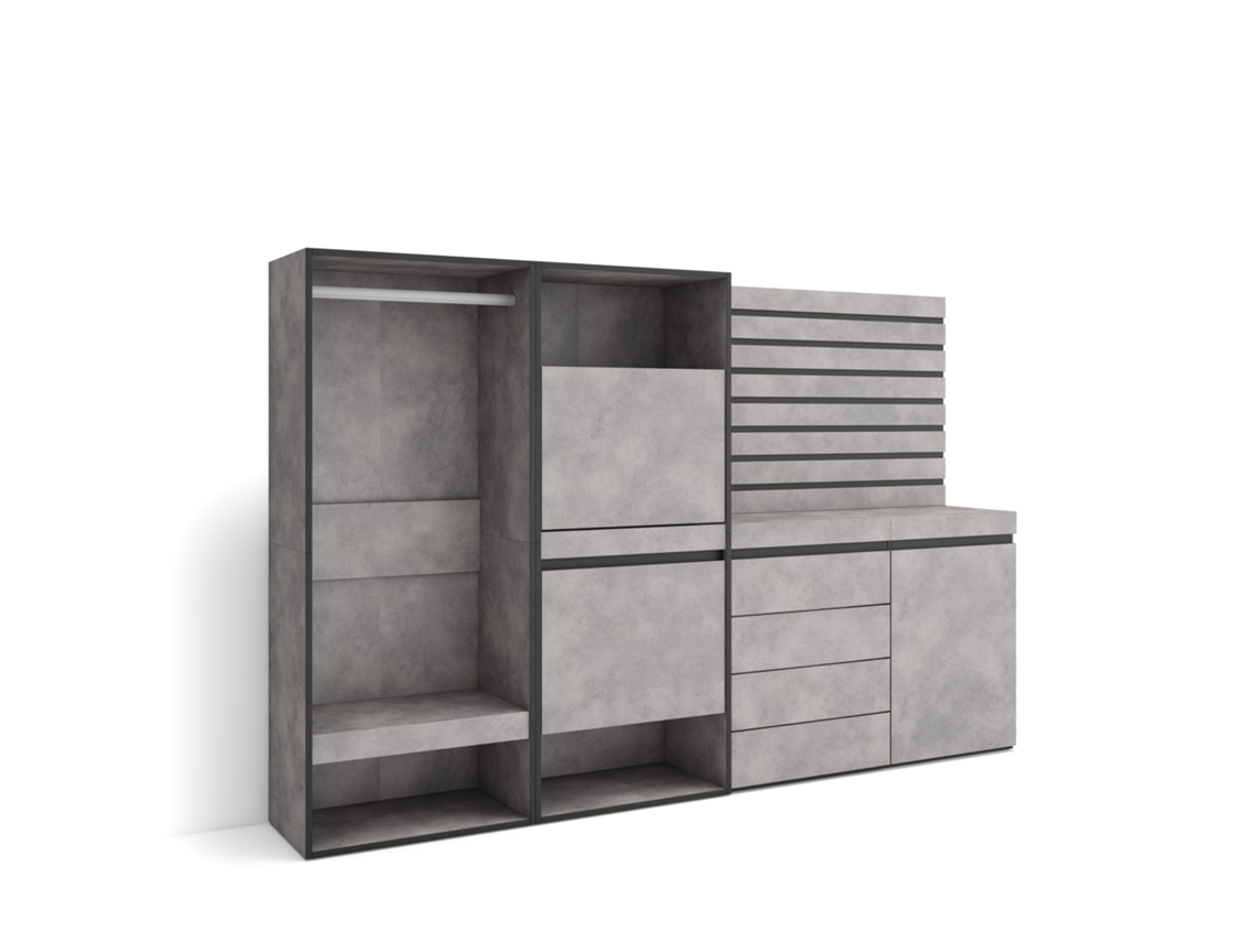 Zapatero | Organización del almacenaje | 227 x 145 x 35 cm | Para dormitorio | Armario abierto | Cómoda | Listones decorativos. Madera | Cemento Duérmete Online