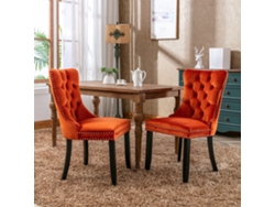 Juego de 2 sillas de comedor modernas, tapizadas en terciopelo, respaldo capitoné, patas de madera naranja, Mobrio
