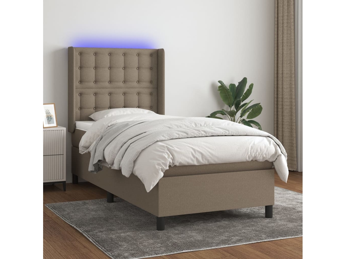 Cama Box Spring Colchón Y Luces Led Tela Gris Taupe 90x190 Cm