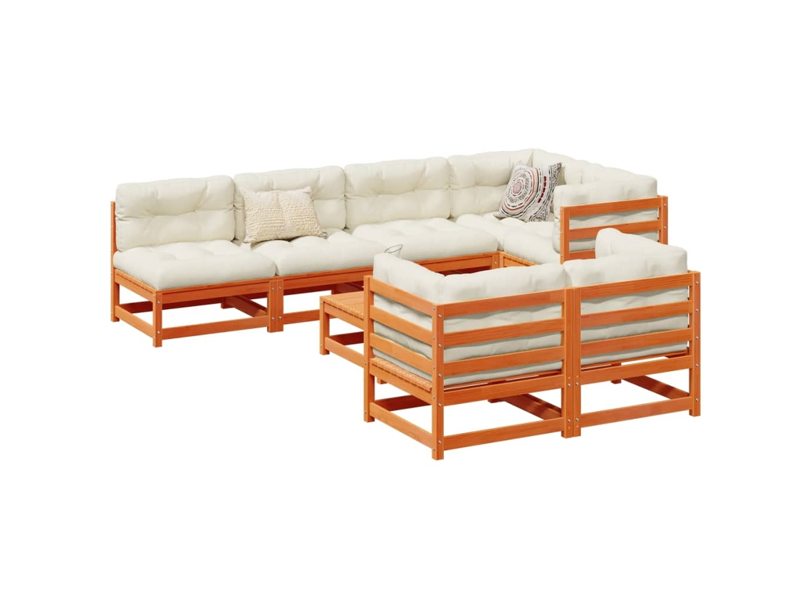 Conjunto de sofá de jardín de 8 piezas con cojines en pino macizo, marrón miel, DKD Home Decor