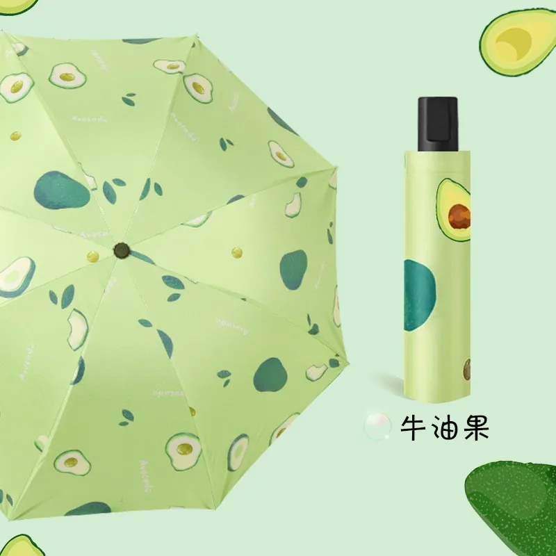 (aguacate 8k) Paraguas Artesanal Con Estampado De Frutas, Plegable, Negro, De Doble Uso, Para Protección Solar Y Contra La Lluvia.