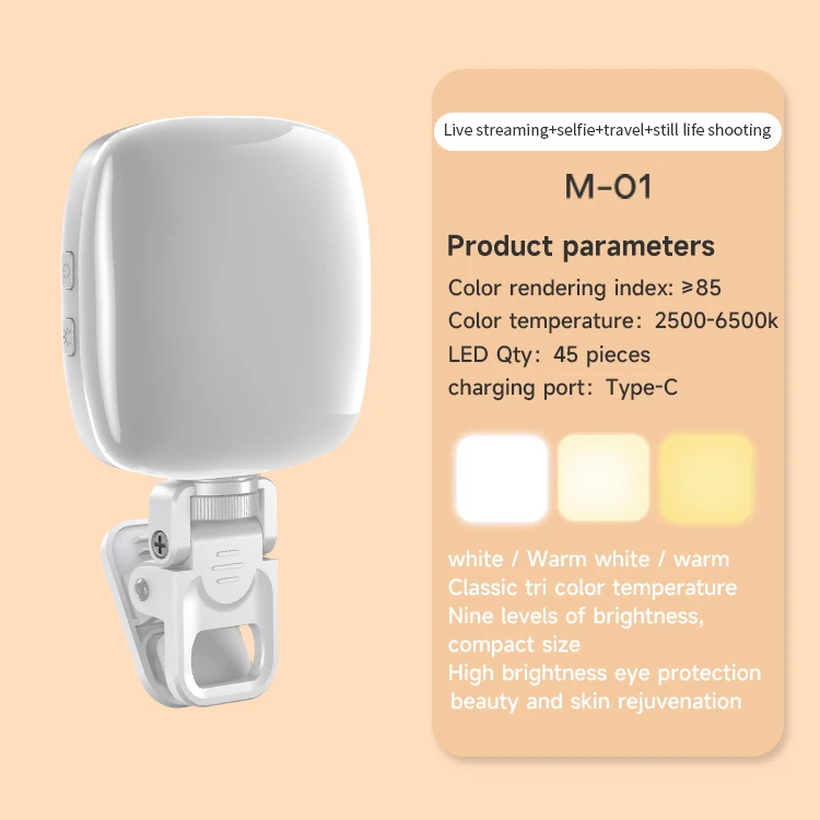 Mini linterna recargable de bolsillo 2700k-6500k con clip, para iPhone, blanca