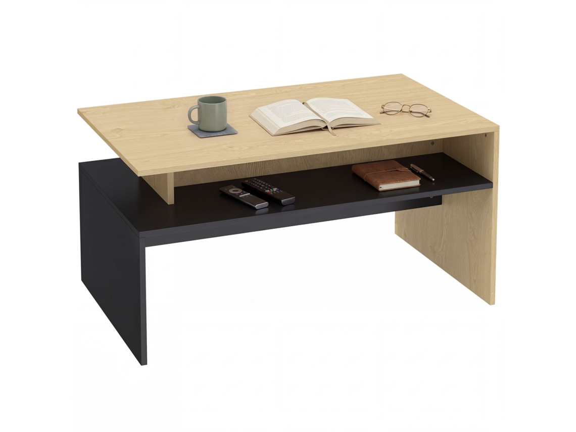 Mesa de centro moderna bicolor con niveles asimétricos y un estante en madera negra natural.