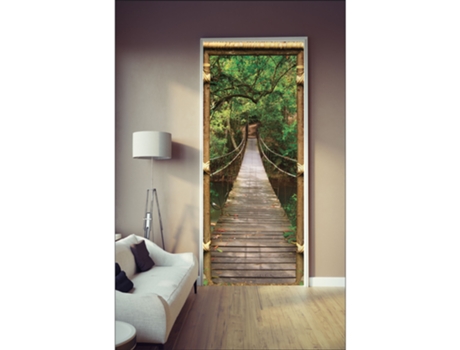 Adhesivo Decorativo de Puerta PLAGE Carrito de Una Cabina Vista en el Puente de Madera Hacia la Selva Tailandesa 204 cm X 83 cm