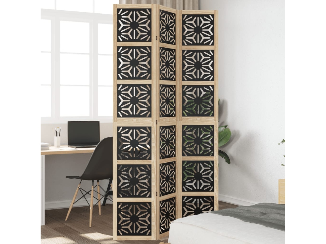 Biombo Separador 3 Paneles Madera Maciza Paulownia Marrón Negro